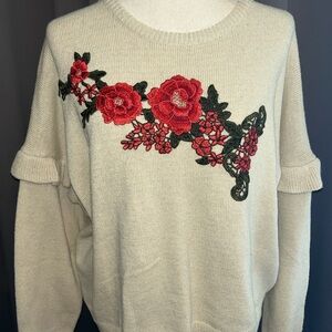 Woven Heart Floral Embroidered Sweater | Cream Knit Size L NWT